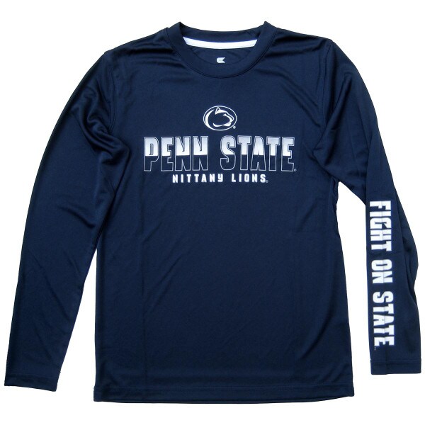 navy youth long sleeve performance t-shirt with Penn State Nittany Lions on chest, Fight on State down left sleeve